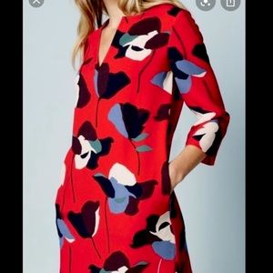 Boden Red Floral Midi Dress with Multicolor Blooms